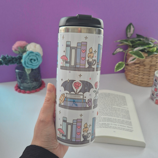 Bookish Thermos Travel Mug “Fantasy Shelf”